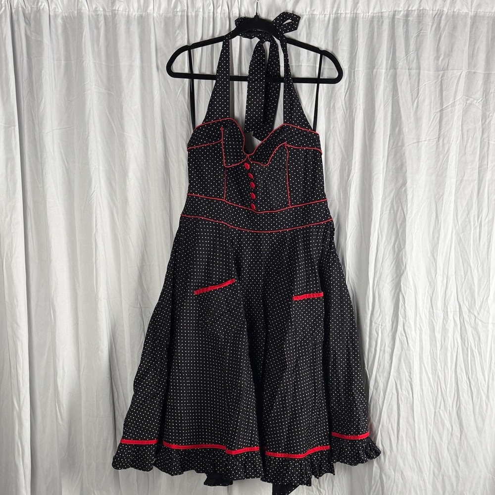 Elegant Black and Red Polka Dot Midi Dress